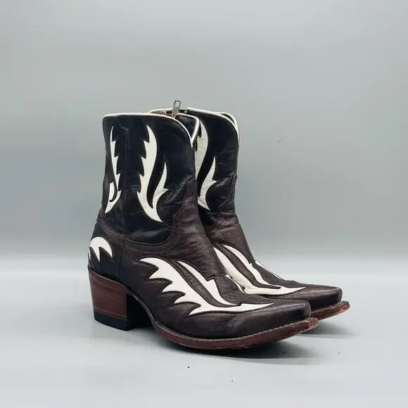 Azulado Boots Womens 6 Brown Leather Snip Toe Western Cowgirl Ankle Zip Low Heel - Picture 3 of 12